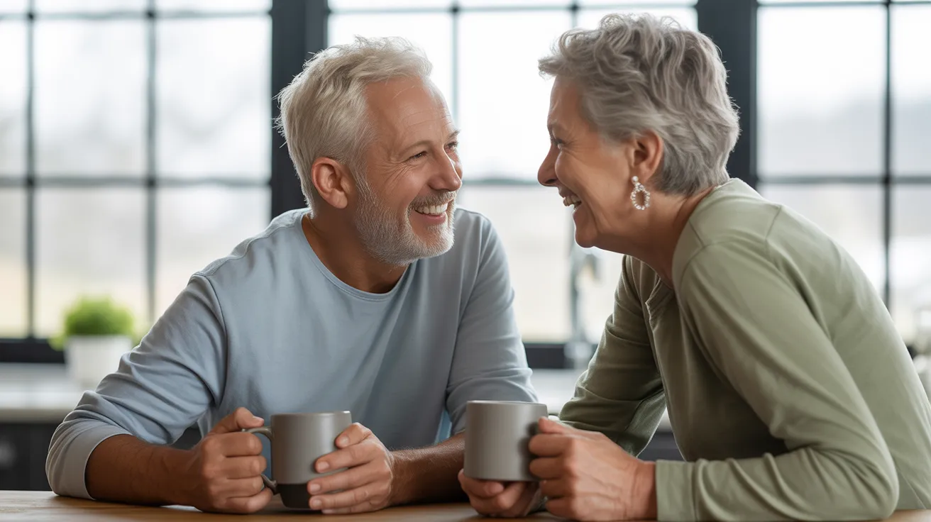 A senior man and woman sit at a kitchen table, smiling warmly at each other while holding coffee mugs in a brightly lit, clean home.