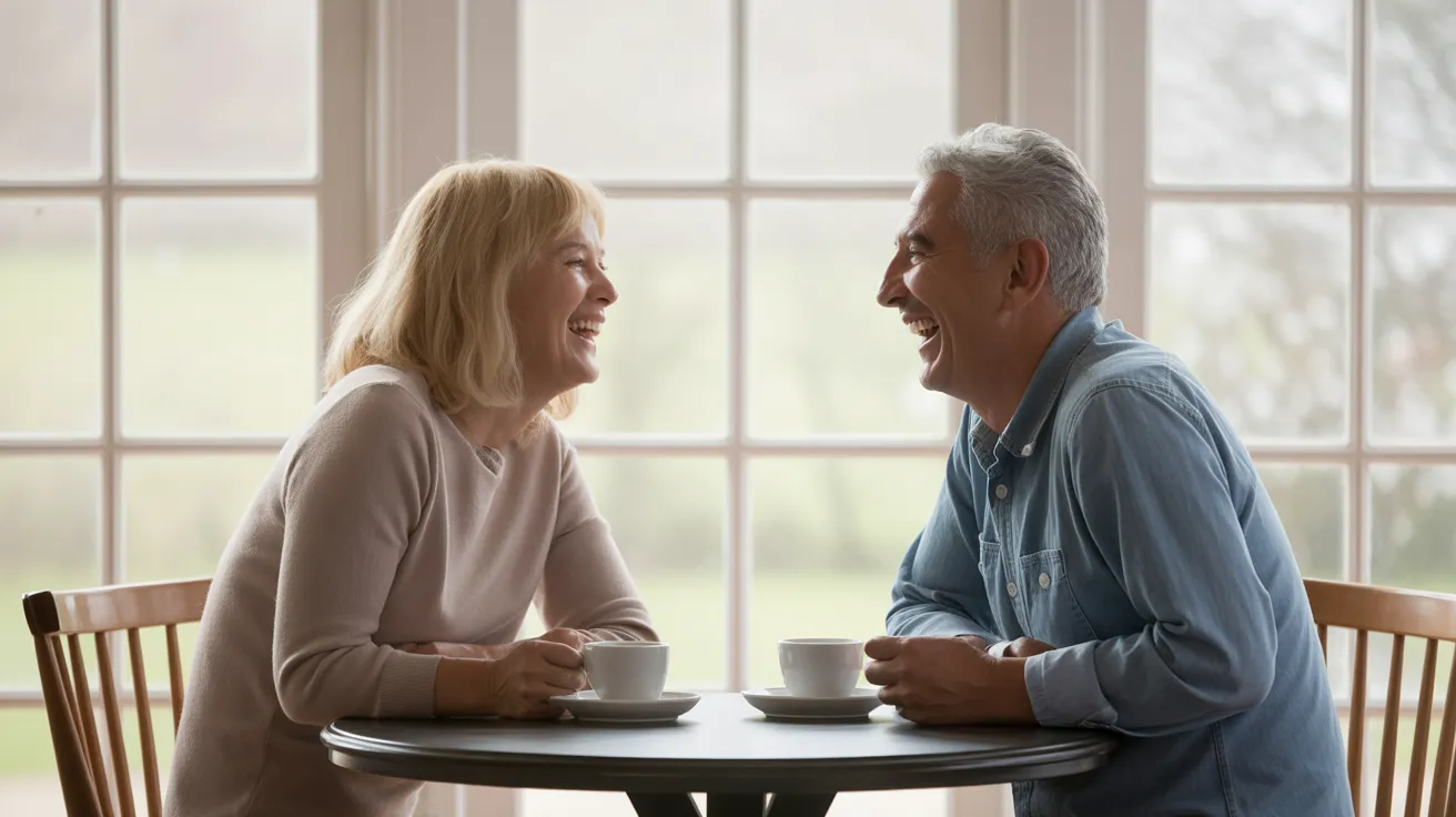 An elderly man and woman share a joyful laugh while sitting across from each other at a sunlit kitchen table with coffee mugs.