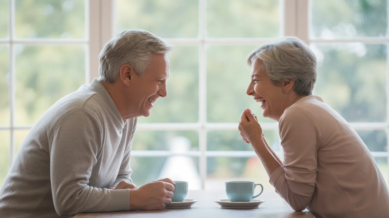 A senior man and woman are laughing together while sitting at a kitchen table with coffee mugs, brightly lit by soft window light.