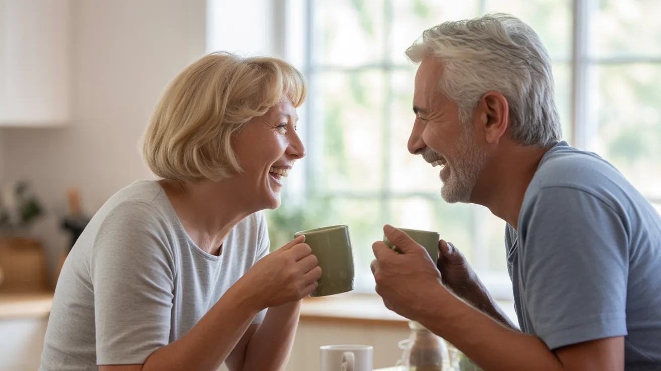A senior man and woman seen in profile, smiling and laughing with each other over coffee at a brightly lit kitchen table.