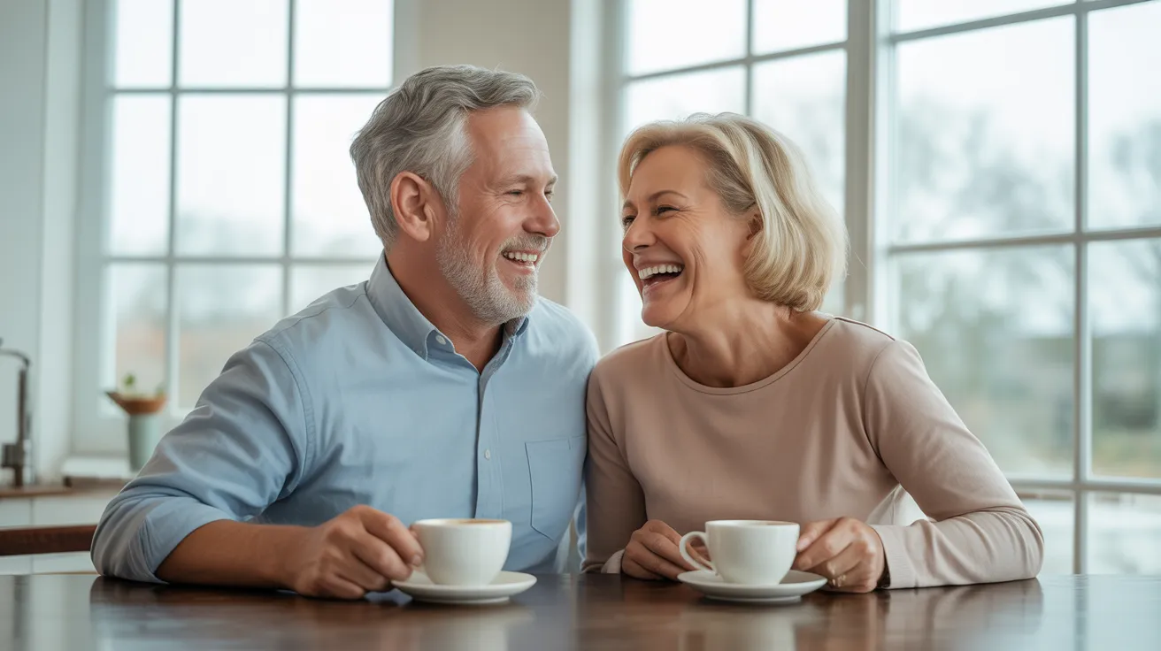 A smiling senior man and woman sit next to each other at a kitchen table, laughing with coffee cups in hand in a brightly lit, modern kitchen.