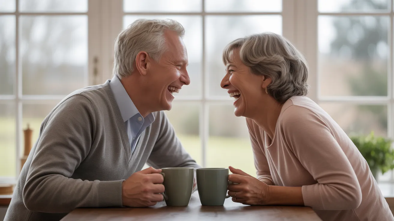 A senior man and woman laugh joyfully together while sitting at a brightly lit kitchen table with coffee.