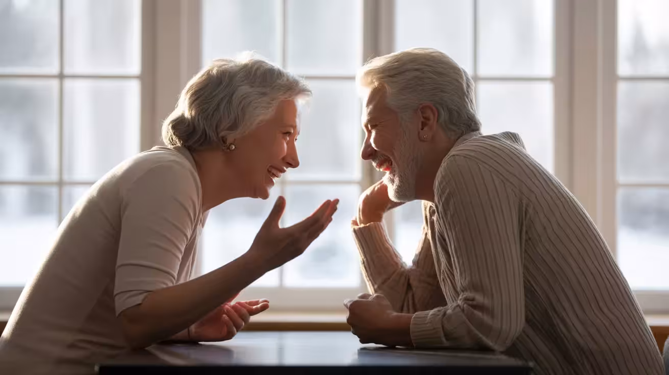 An elderly man and woman laughing together over coffee at a brightly lit kitchen table in a medium shot.