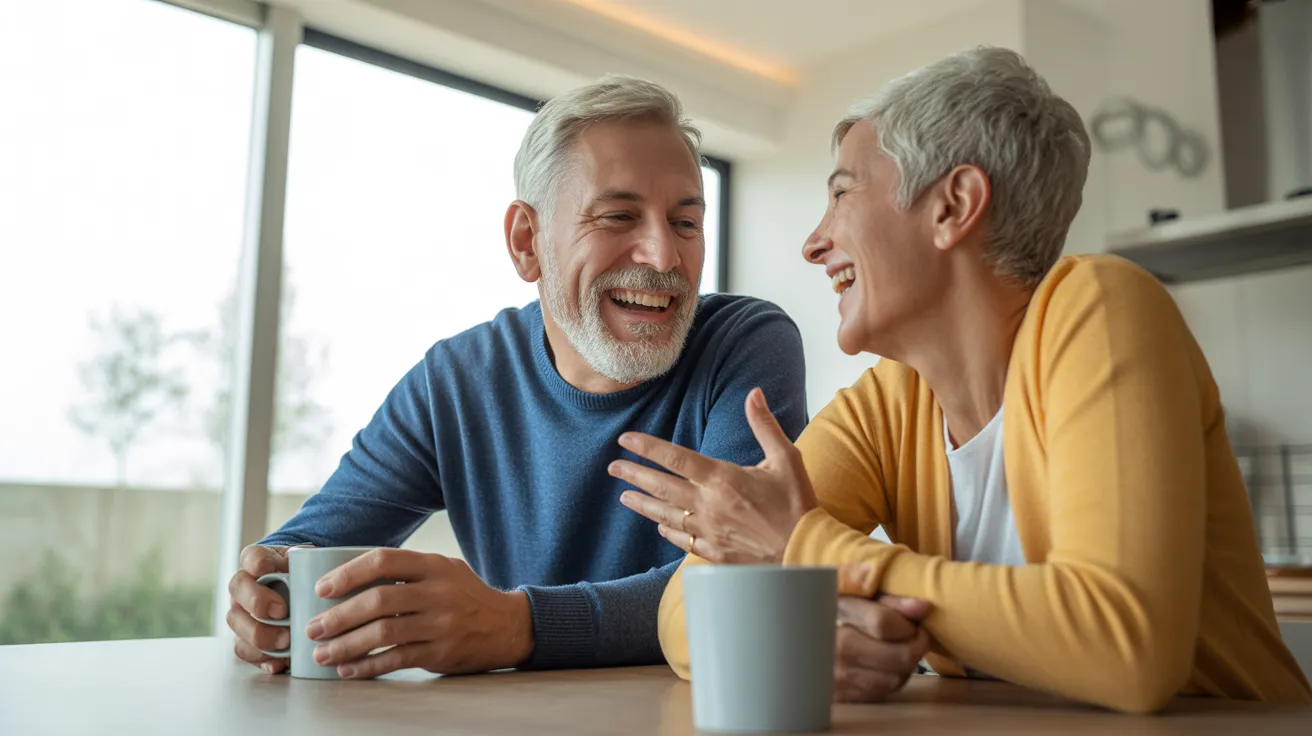 An elderly man and woman sit opposite each other at a kitchen table, laughing together over morning coffee in a brightly lit room.