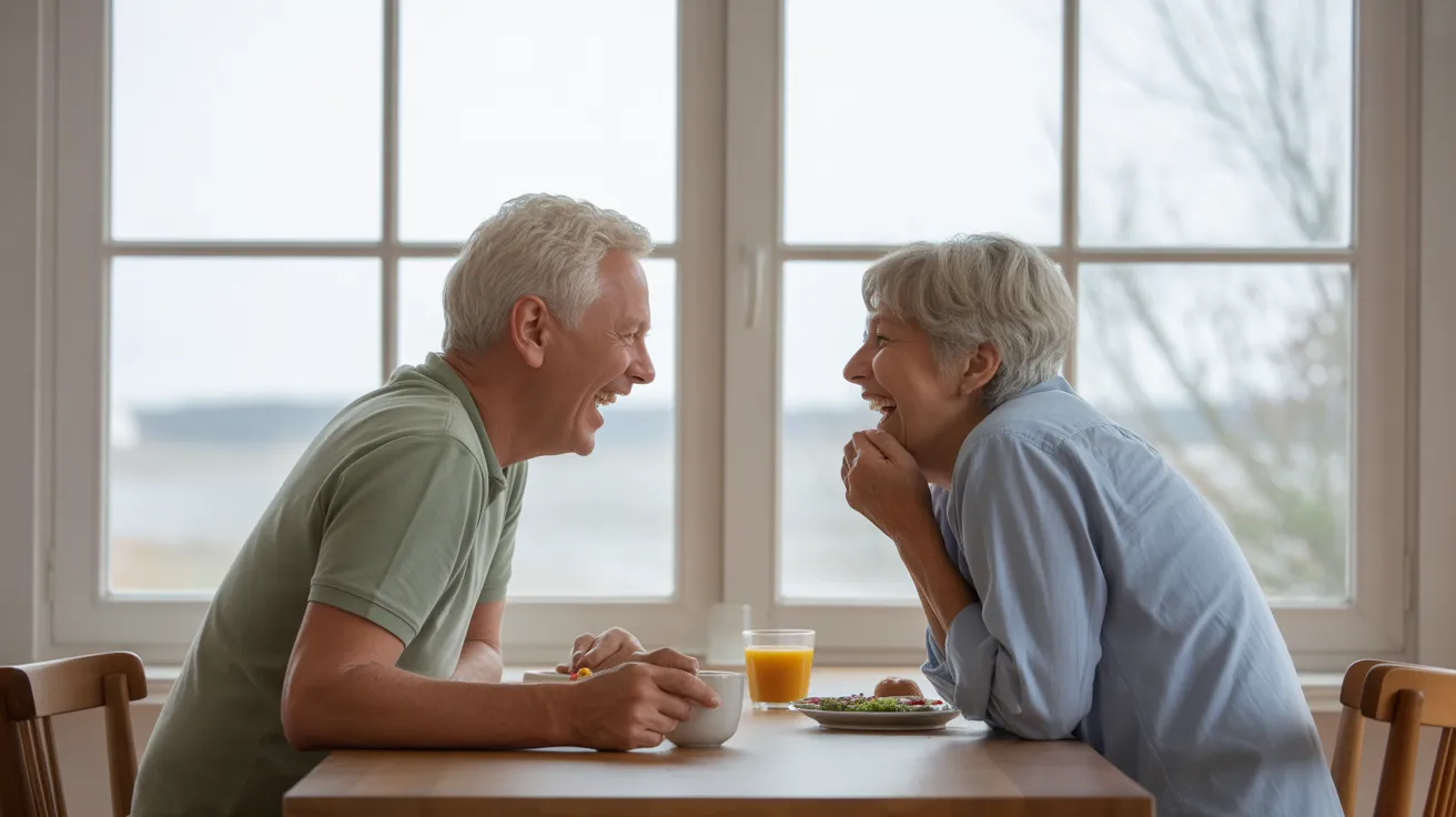 A senior man and woman laugh together while sitting across from each other at a brightly lit kitchen table with coffee mugs.