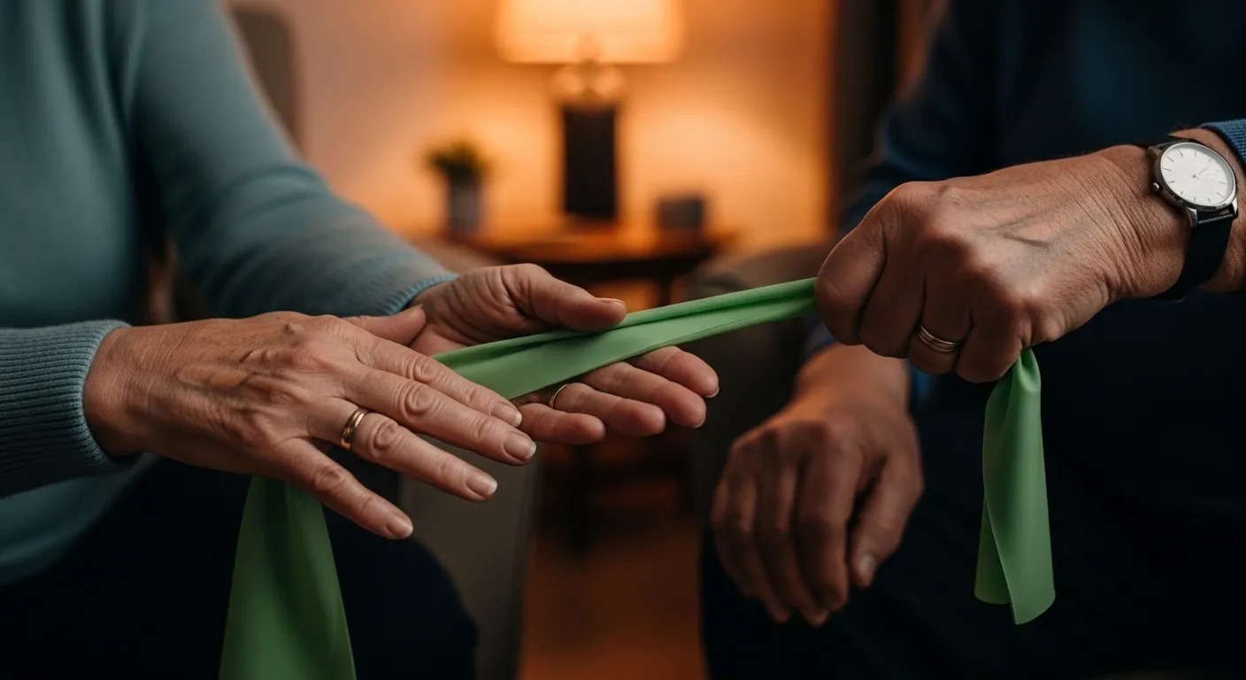 A close-up of an elderly couple's hands as one helps the other with a gentle resistance band exercise in a warmly lit room.
