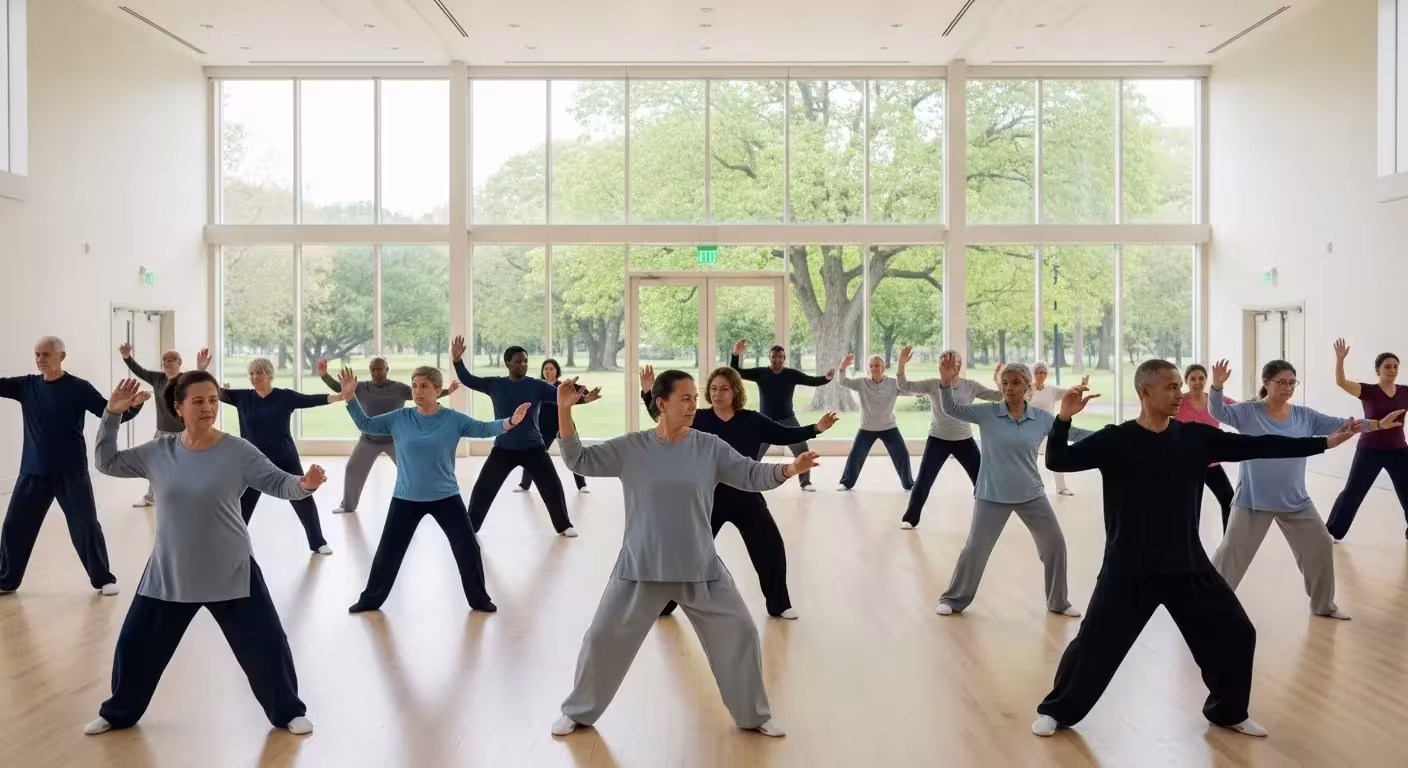 A group of older adults performs slow, graceful Tai Chi movements together in a bright room with a large window view of a green park.