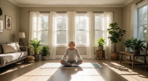 A senior woman smiles peacefully while sitting on a yoga mat in the center of her spacious, sunlit living room.