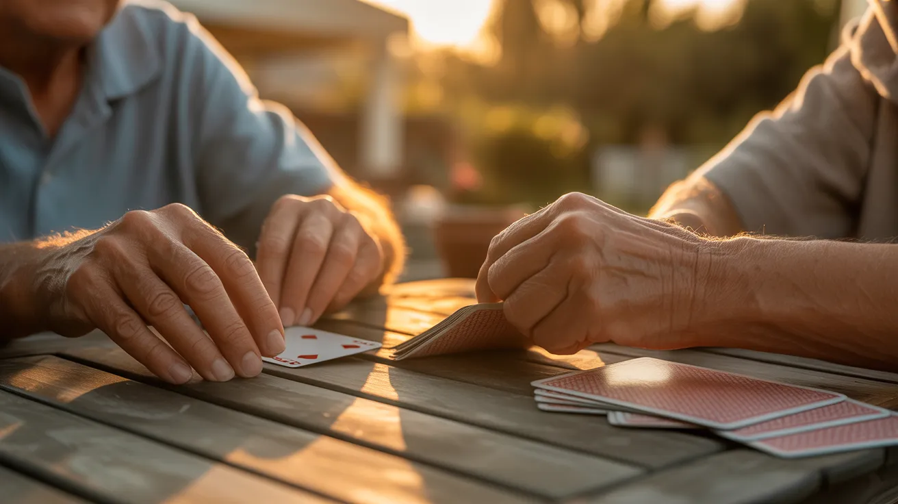 A close-up of two seniors' hands playing a card game on an outdoor table during sunset, with a focus on one person's hand placing a card.