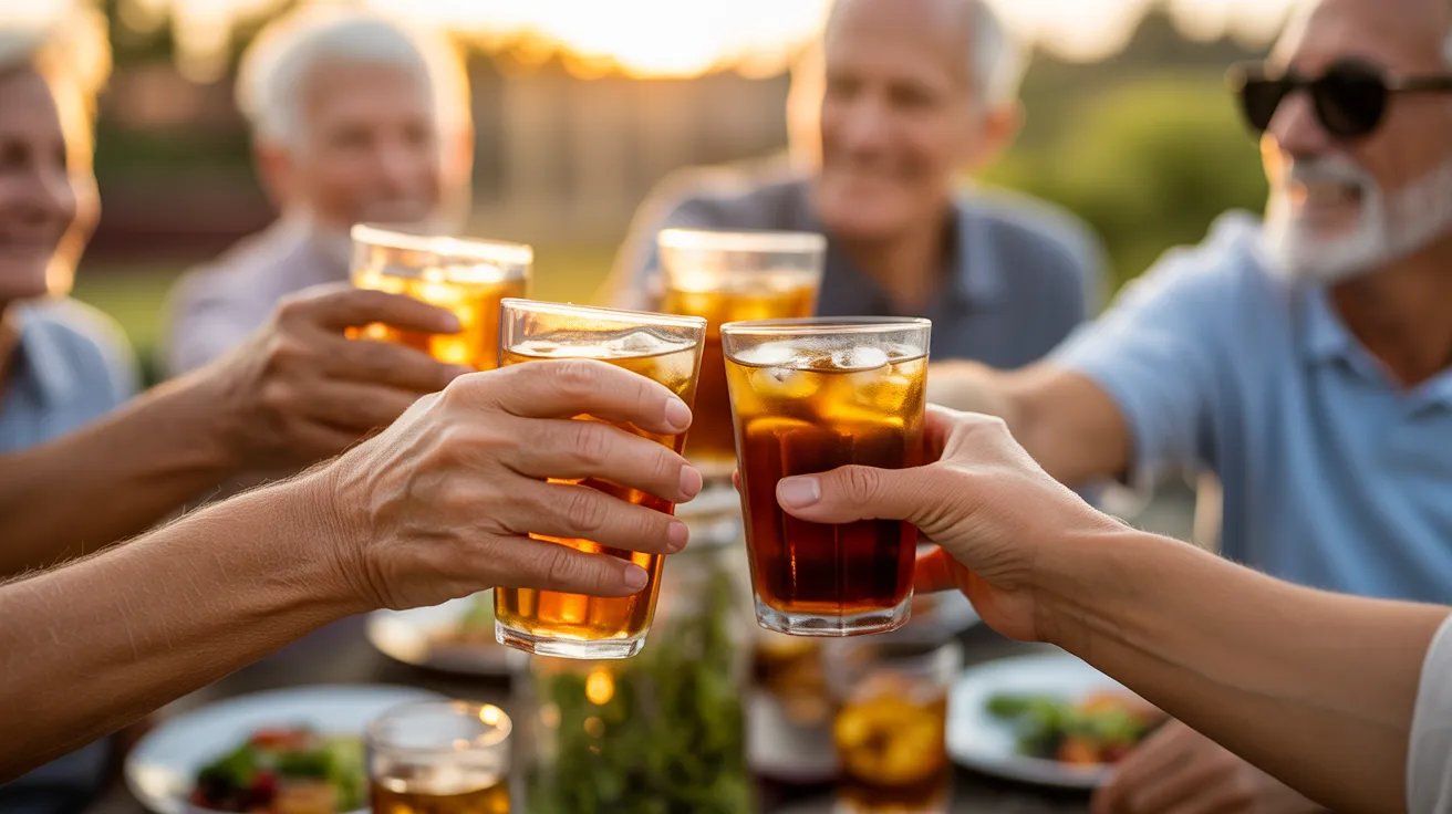 A close-up photo of several older hands holding glasses and making a toast over a dinner table in the warm, late afternoon sun.