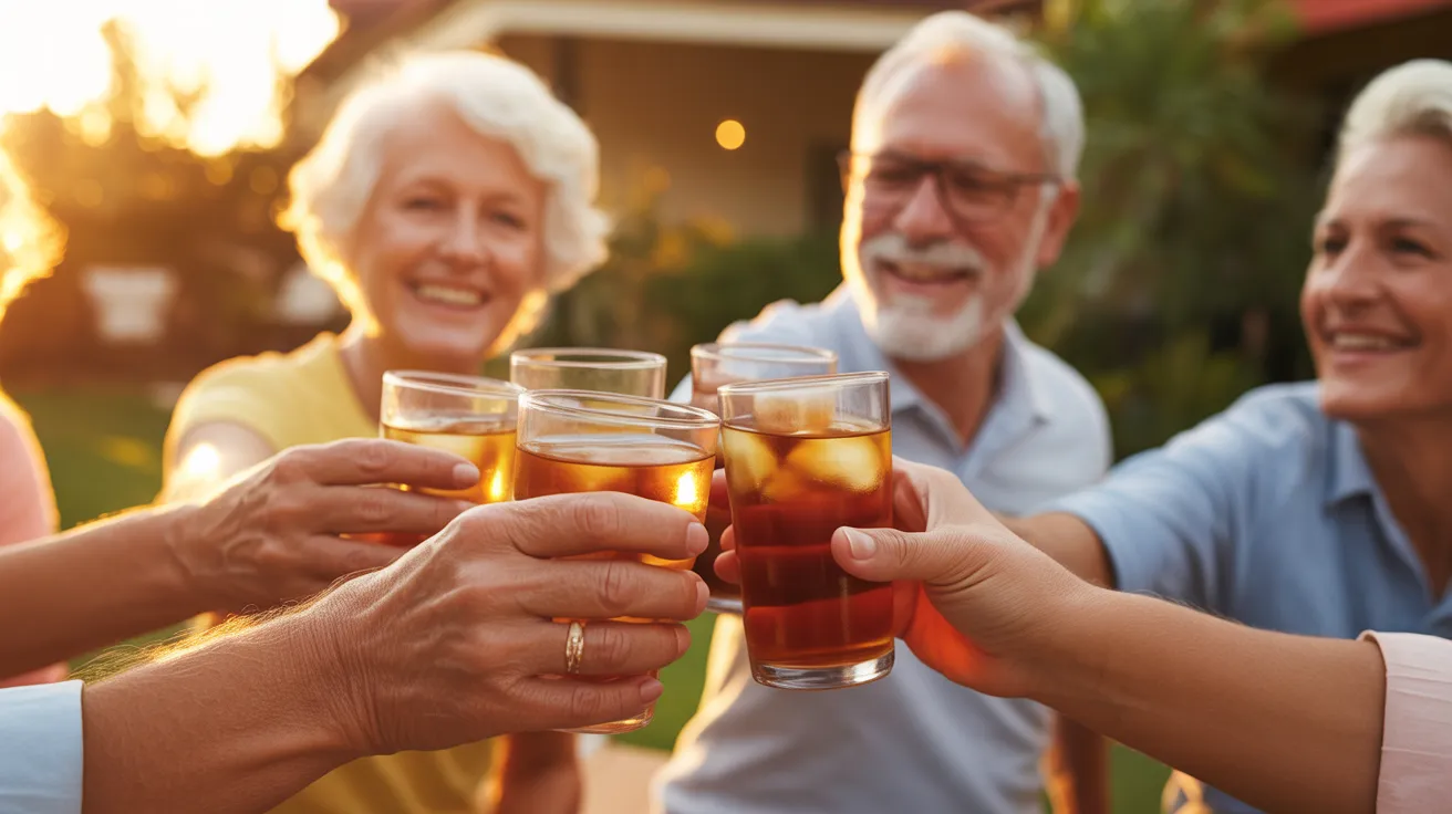 A close-up of several seniors' hands toasting with glasses of iced tea, with the warm, golden light of sunset creating a beautiful glow.