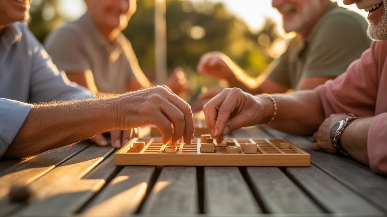 A close-up of two seniors' hands moving pieces on a wooden board game outdoors during a warm sunset.