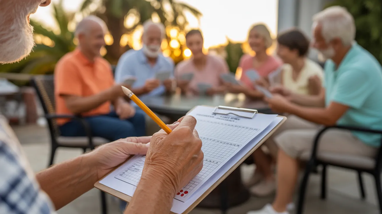 A close-up of an older person's hands keeping score for a card game, with happy friends blurred in the background at sunset.