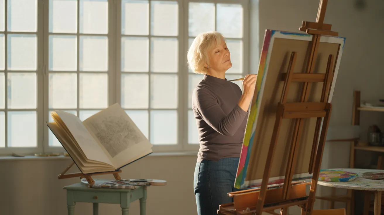 An ultra wide view of a senior woman painting in her bright studio, with harsh sunlight casting strong shadows. A creative journal is on a table nearb