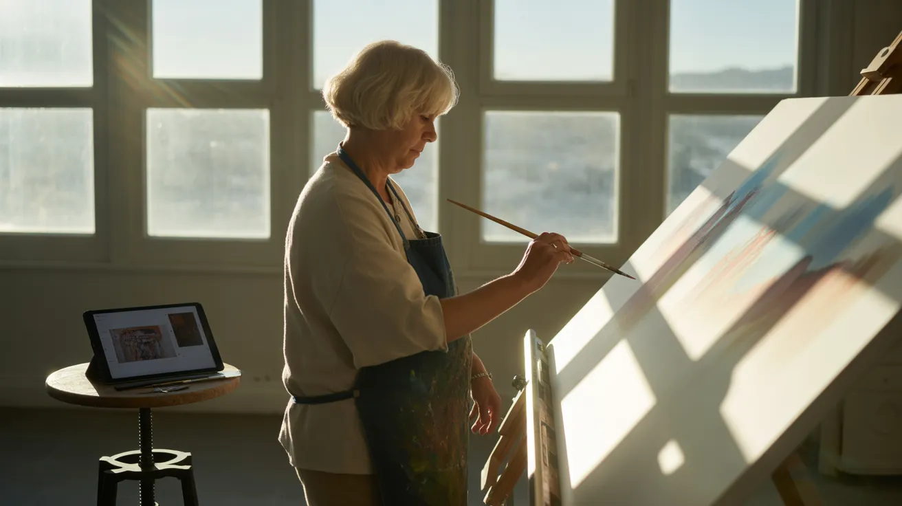 A senior woman with a focused expression paints at an easel in a sunlit studio, with a tablet displaying a photo beside her.