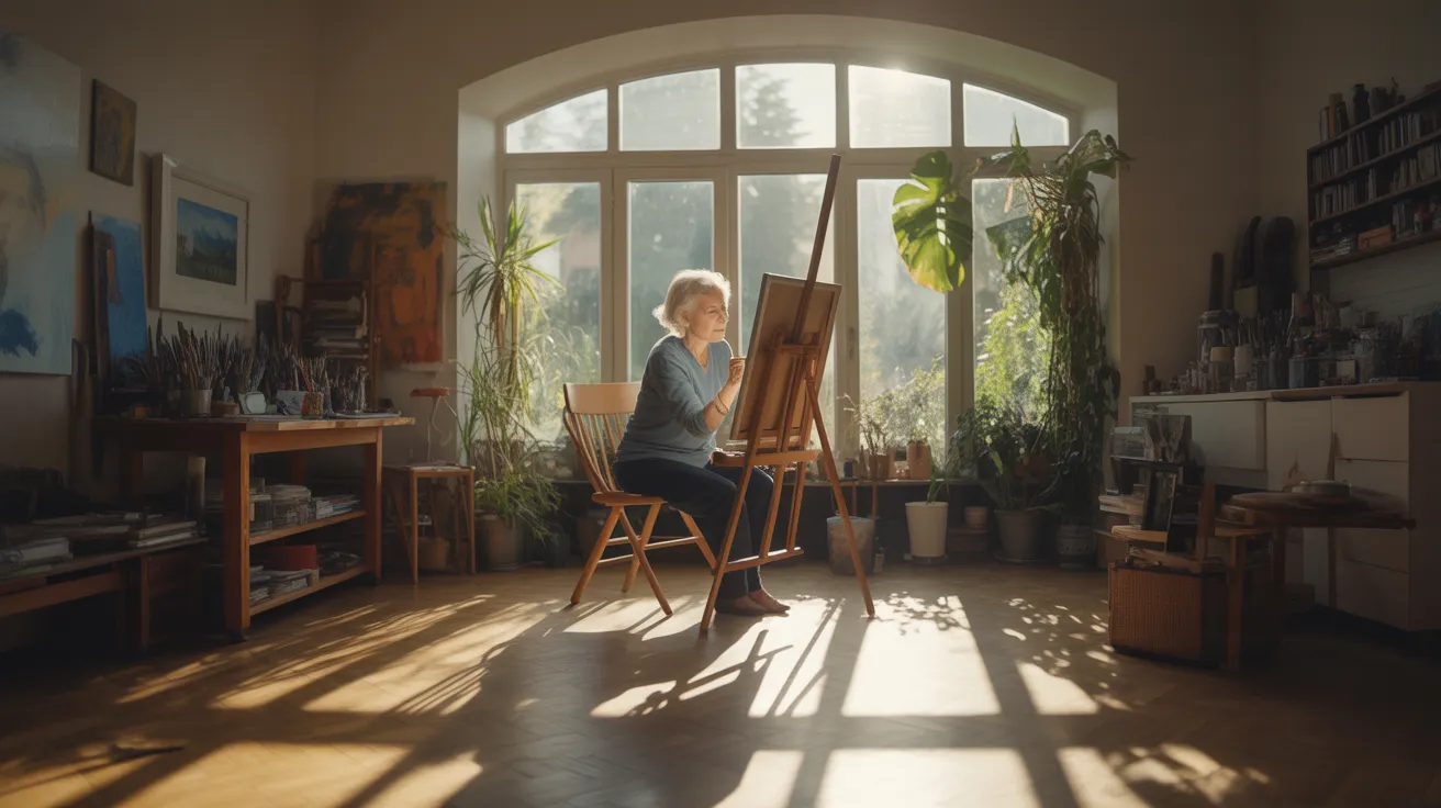 A senior woman with grey hair paints at an easel in a bright art studio with strong sunlight creating shadows on the floor.