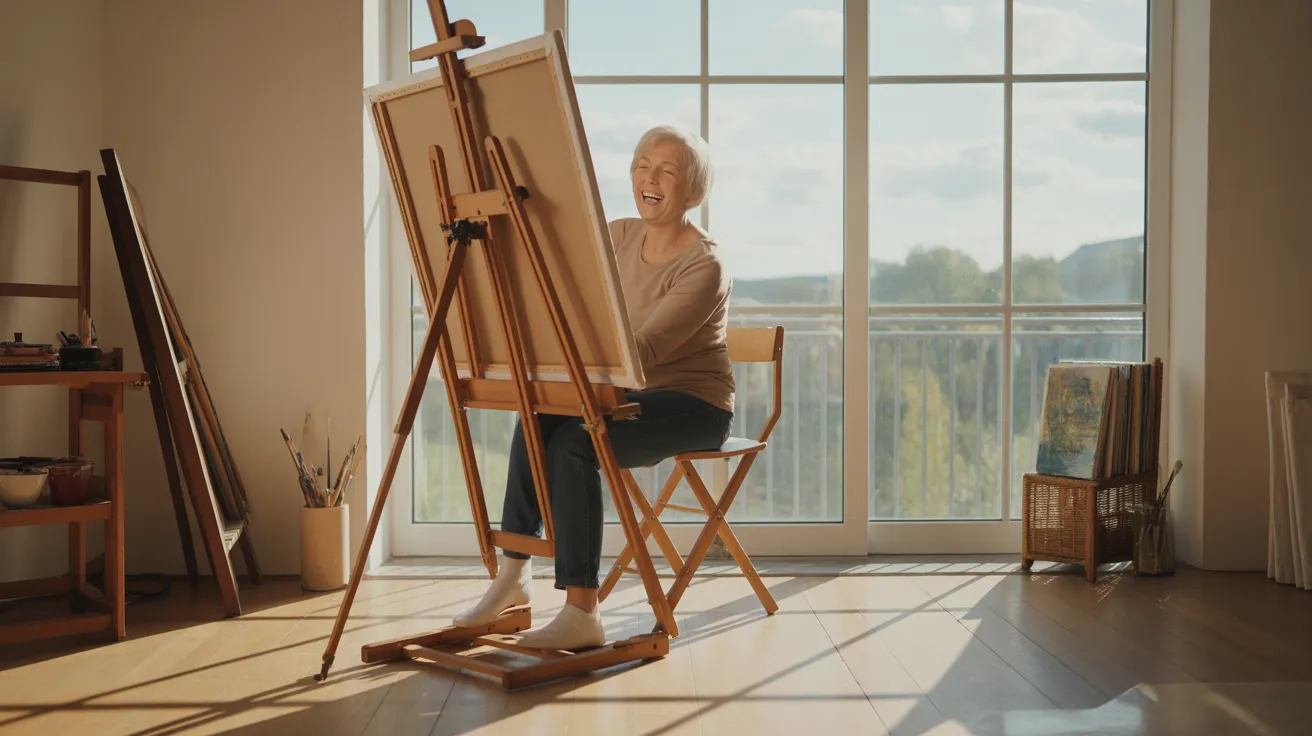 An elderly woman happily paints in her bright, sunny art studio, with strong shadows cast across the wide room.
