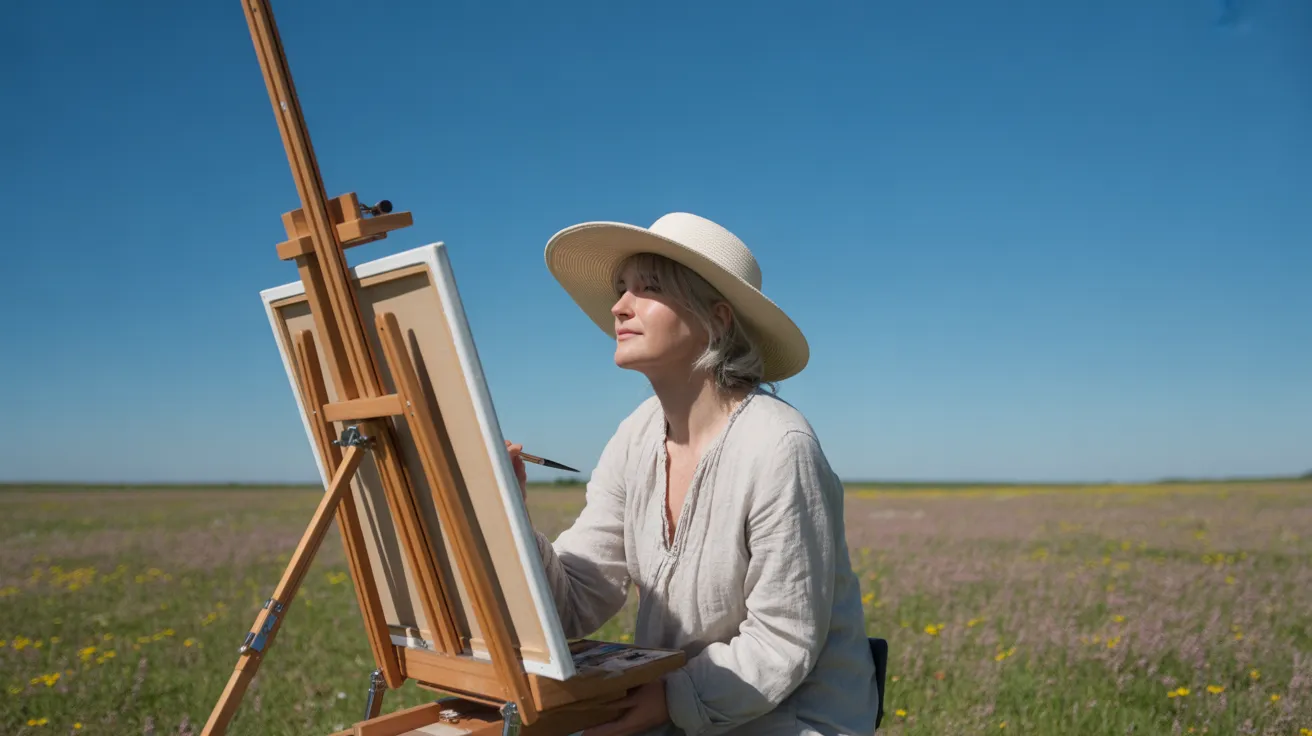 An elderly woman paints on an easel in a wide, sunlit field of wildflowers under a bright midday sun, creating long shadows.