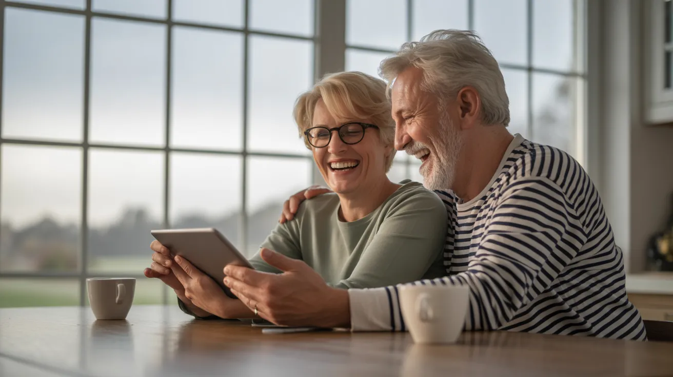 An elderly man and woman share a genuine laugh while looking at a tablet screen at a brightly lit kitchen table with coffee.