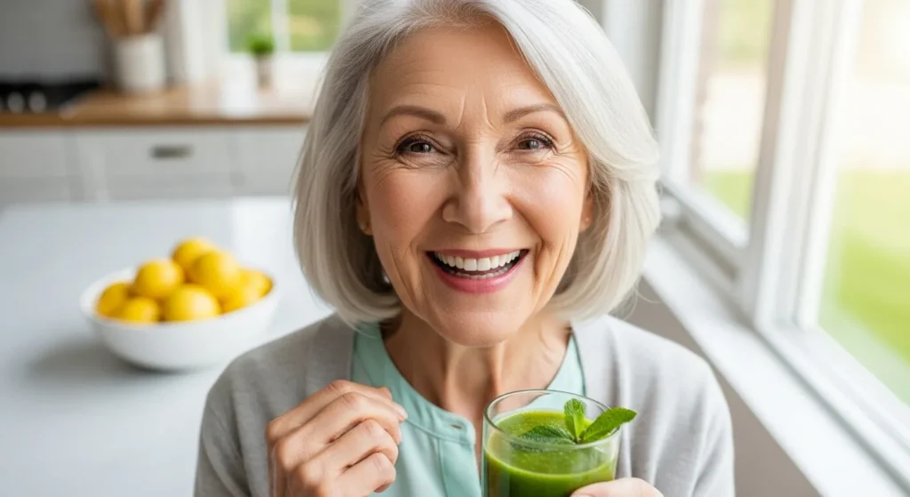 A close-up of a joyful senior woman with short white hair, holding a green smoothie in her sunlit kitchen.