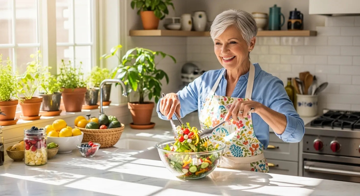 A happy senior woman in a sunlit kitchen smiles while tossing a fresh, colorful salad in a large bowl. The setting is bright and clean.