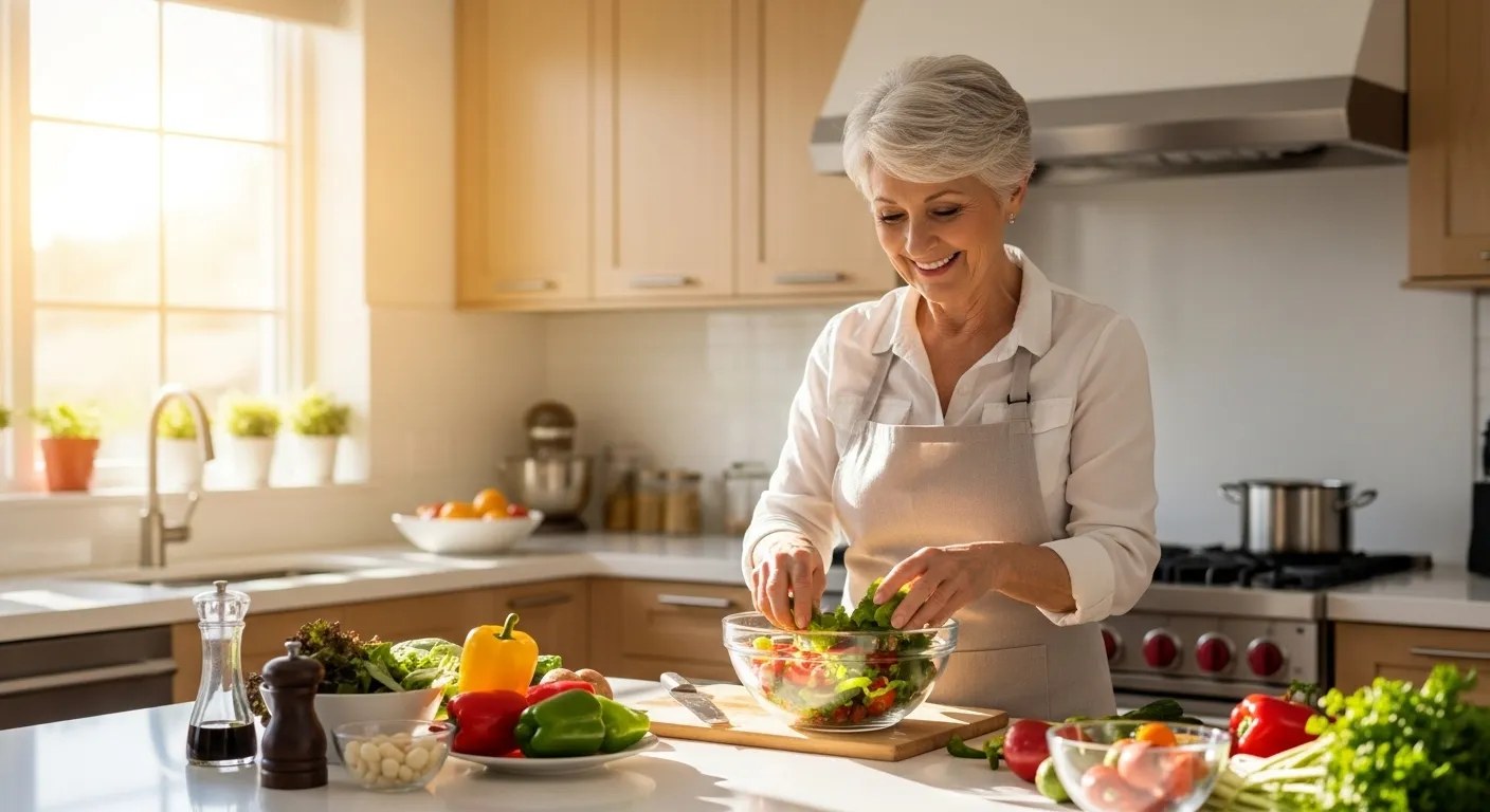 A smiling senior woman stands in a sun-drenched kitchen, happily preparing a healthy, colorful salad in a large bowl.