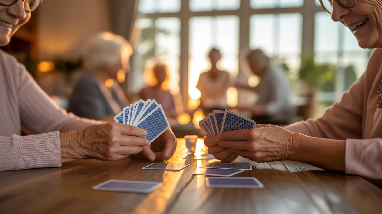 A close-up of two senior women's hands holding playing cards, with warm sunlight streaming into a cozy living room where friends are gathered.