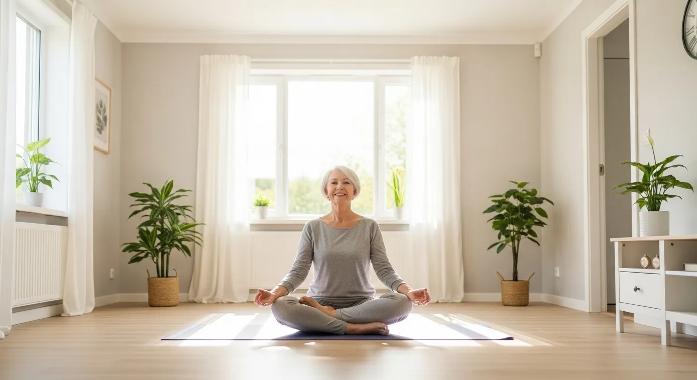 A senior woman smiling peacefully while doing a gentle yoga pose in her bright, sunlit living room.