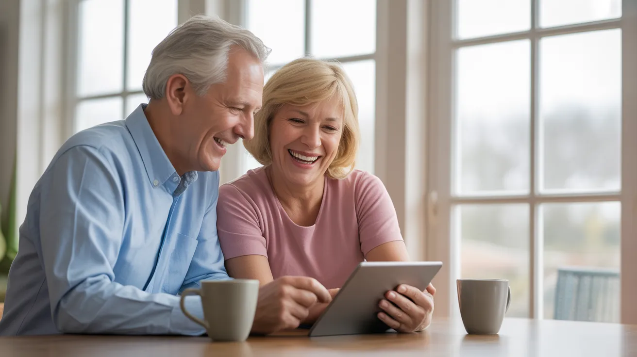 An elderly man and woman smile and laugh together while looking at a tablet in a brightly lit kitchen.