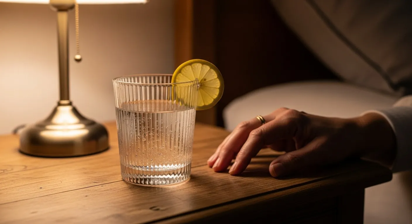 A close-up of a glass of water on a nightstand under warm lamplight, with a senior's hand resting peacefully nearby.