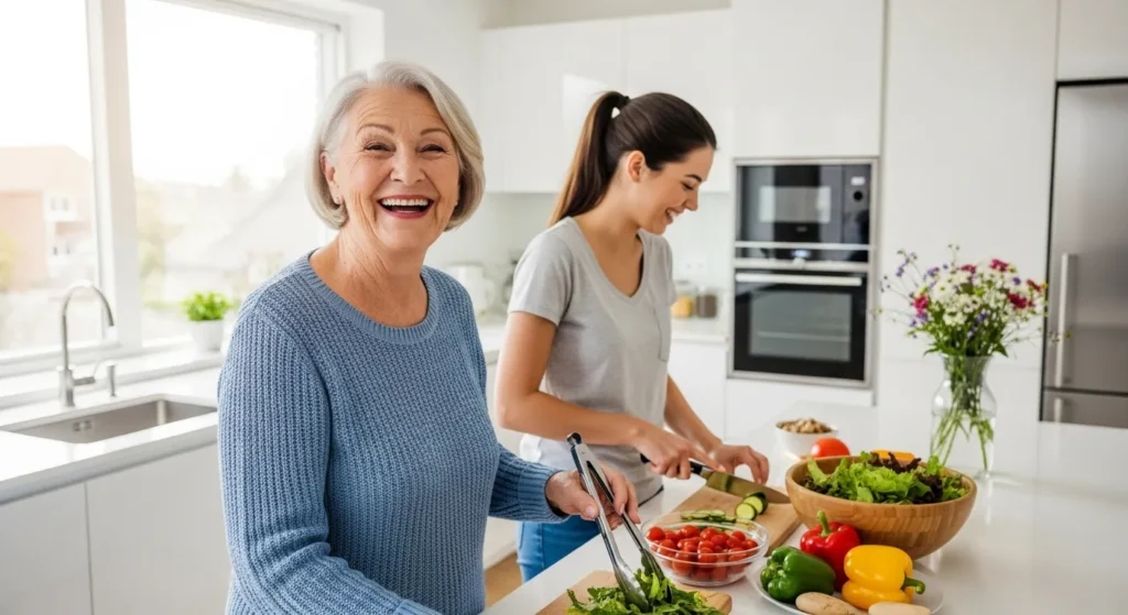 An elderly woman with a radiant smile prepares a healthy meal with her granddaughter in a sun-drenched kitchen, looking happy and vibrant.