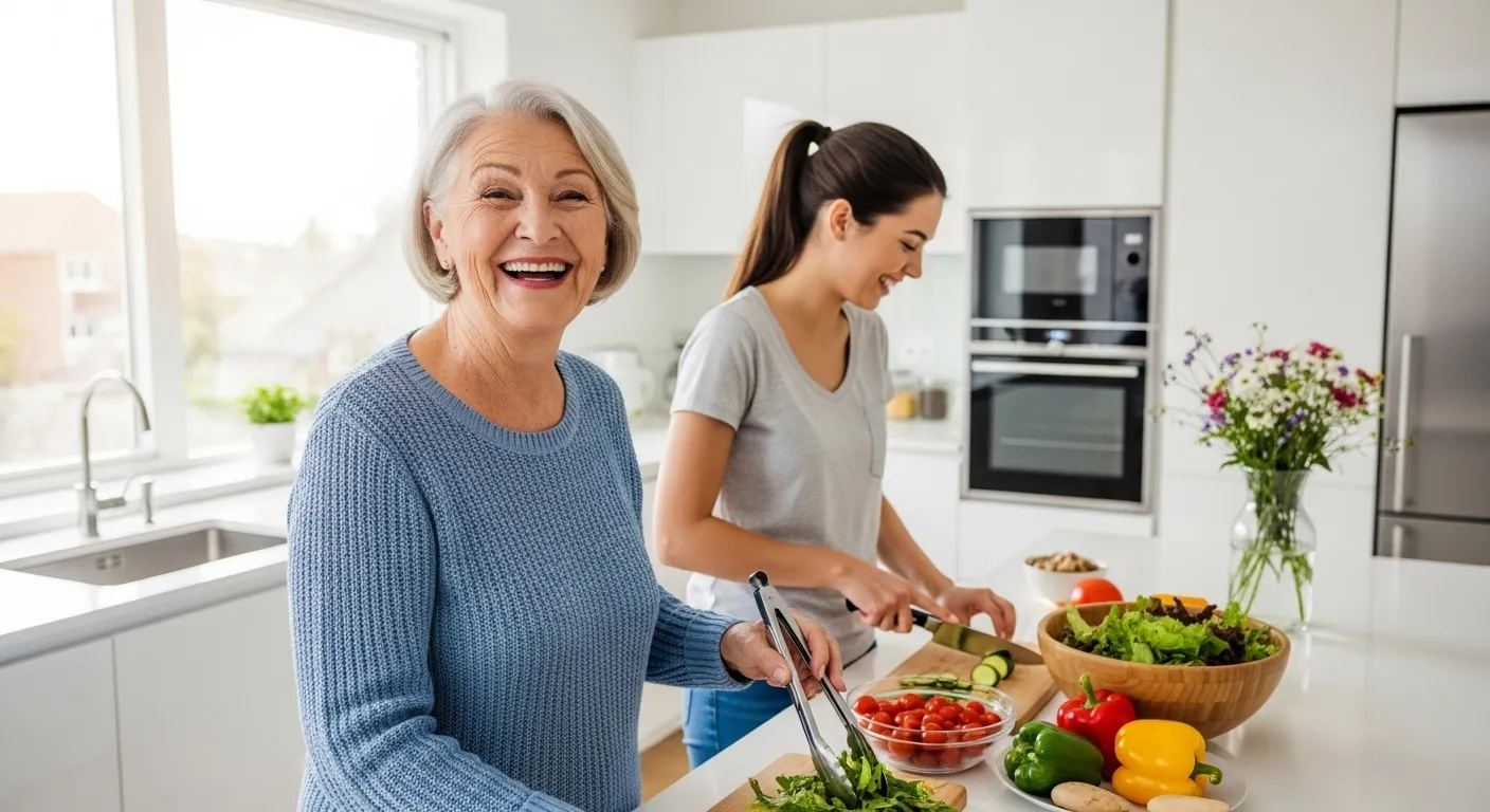 An elderly woman with a radiant smile prepares a healthy meal with her granddaughter in a sun-drenched kitchen, looking happy and vibrant.