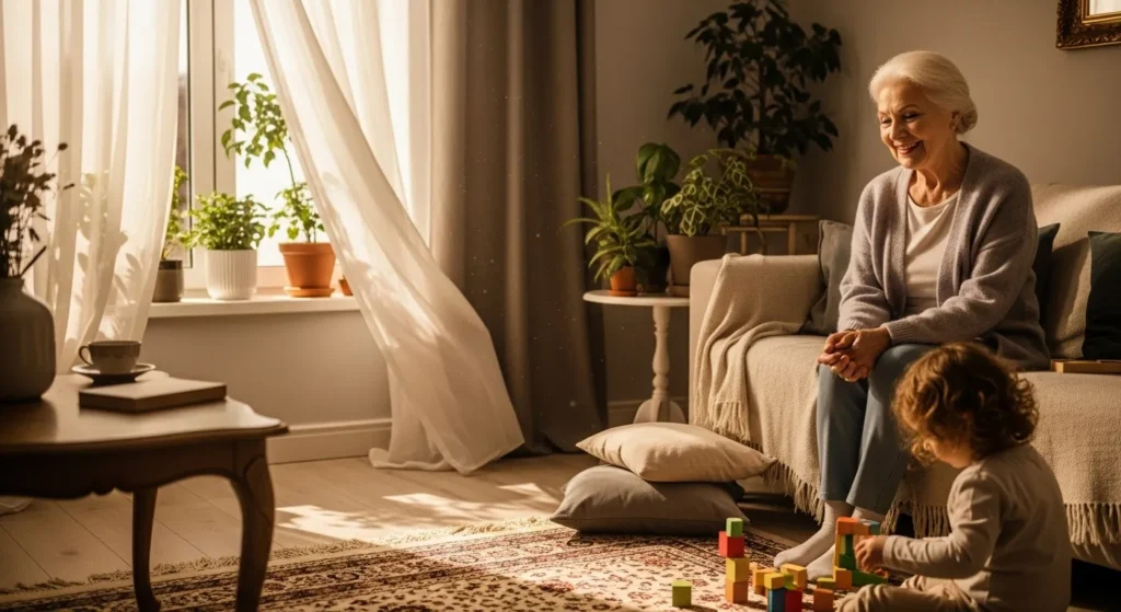 A smiling senior woman sits on a couch in a bright living room, enjoying a moment with her grandchild who is sitting on the floor.