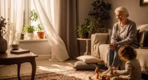 A smiling senior woman sits on a couch in a bright living room, enjoying a moment with her grandchild who is sitting on the floor.