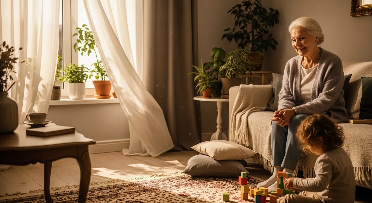 A smiling senior woman sits on a couch in a bright living room, enjoying a moment with her grandchild who is sitting on the floor.