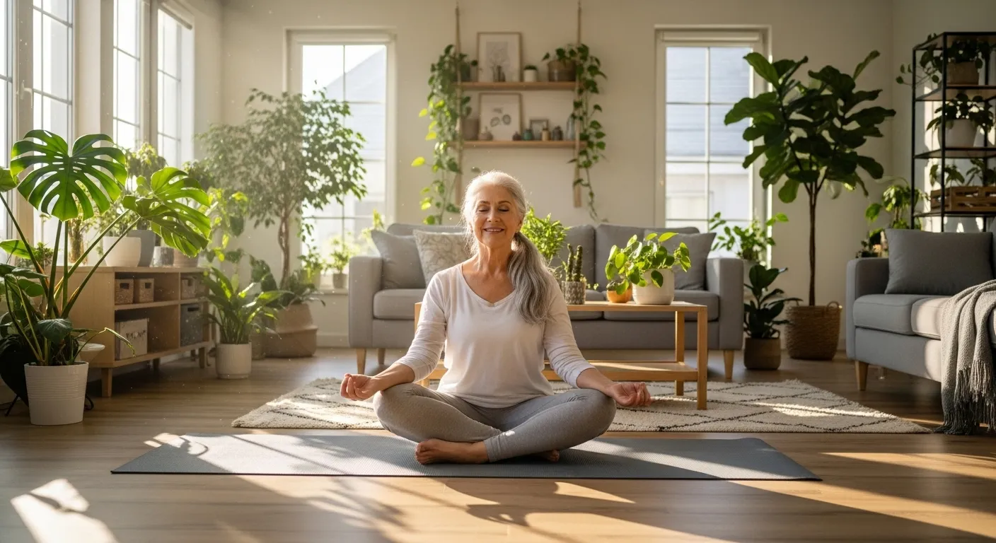 A senior woman in comfortable attire smiles while doing a gentle stretch on a yoga mat in her sunny, plant-filled living room.