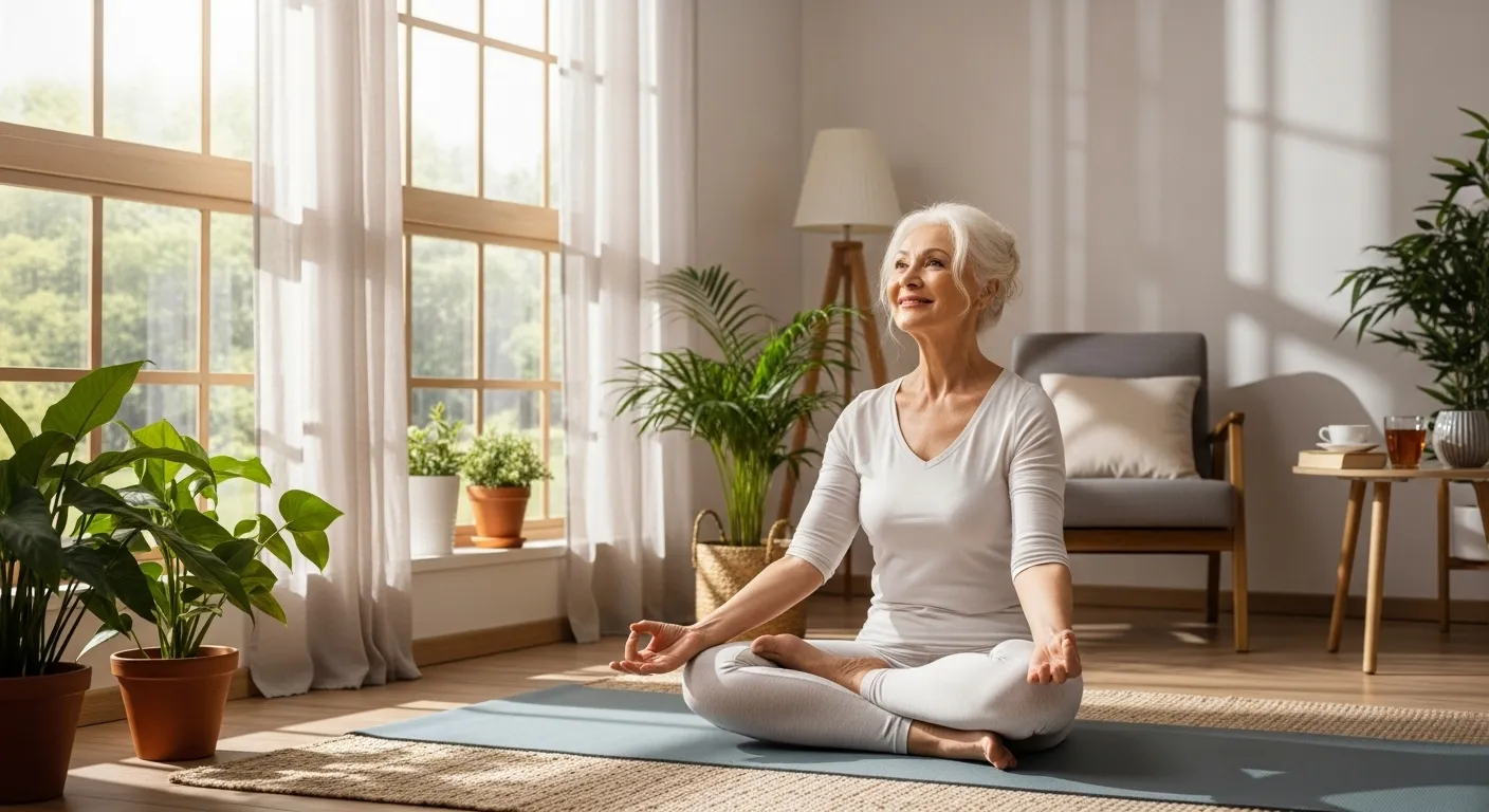 A smiling senior woman practices yoga in her sunlit living room, seen in a wide shot that captures her peaceful, healthy home environment.