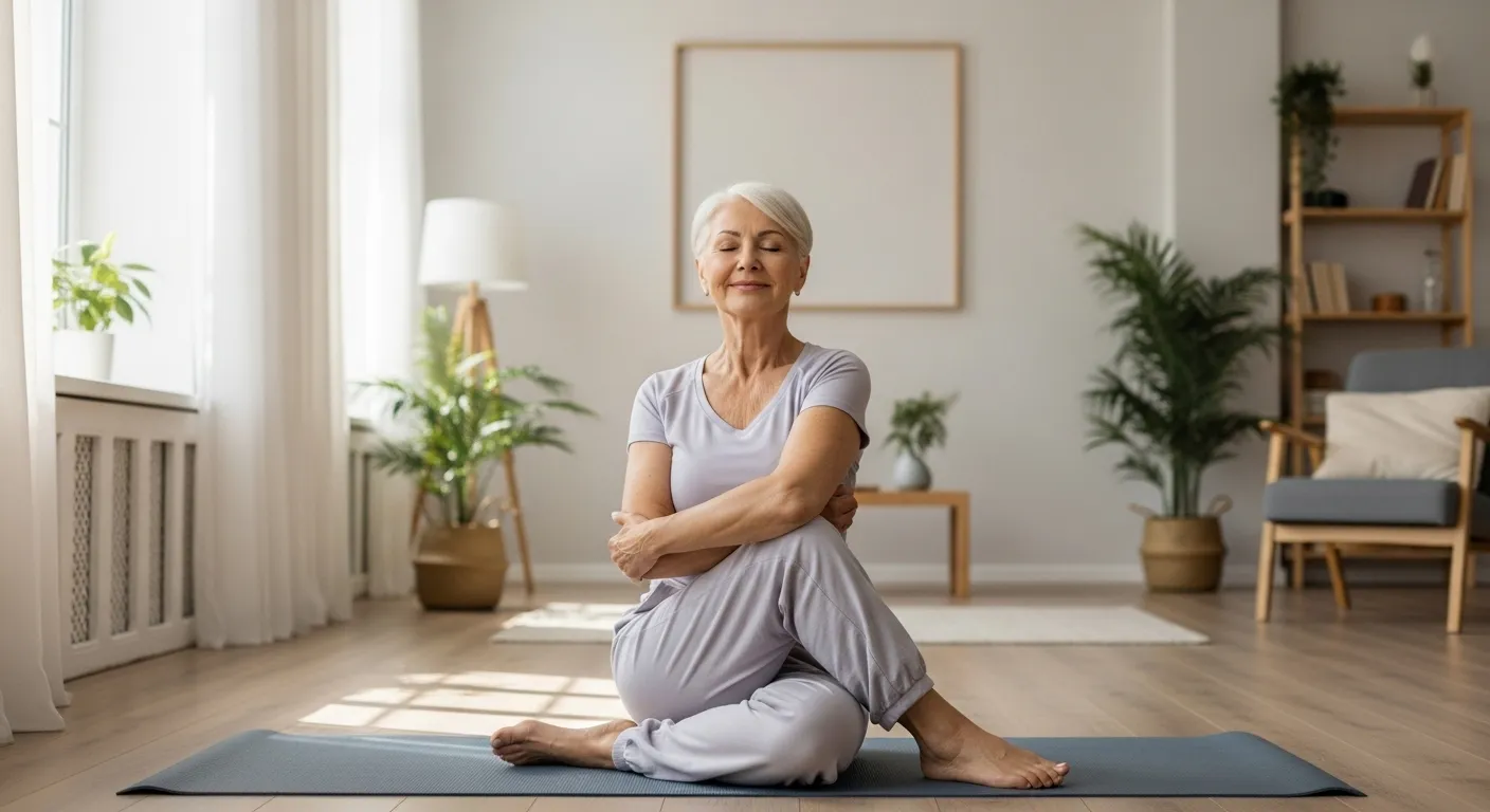 A senior woman with a peaceful smile does a gentle yoga stretch in her sunlit living room, viewed from a wide angle.