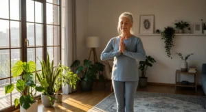 A senior woman with a gentle smile practices yoga in a bright, airy living room filled with plants and natural morning light.