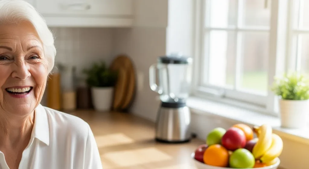 A close-up of a smiling senior woman's face, warmly lit by morning sun in a bright and airy kitchen.