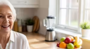 A close-up of a smiling senior woman's face, warmly lit by morning sun in a bright and airy kitchen.