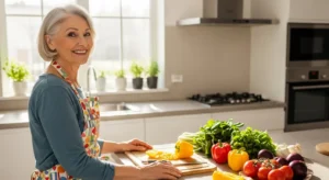 A smiling senior woman with gray hair stands in a beautiful, sunny kitchen, happily preparing a healthy meal with fresh vegetables.