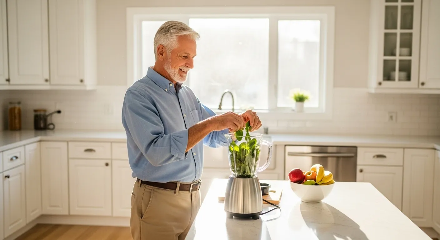 A happy senior man in a bright kitchen makes a healthy green smoothie in the morning, looking proactive about his health and wellness.