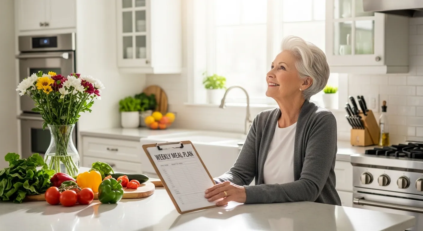 A smiling senior woman sits at a bright kitchen island with fresh vegetables, looking at a weekly meal plan with a happy expression.