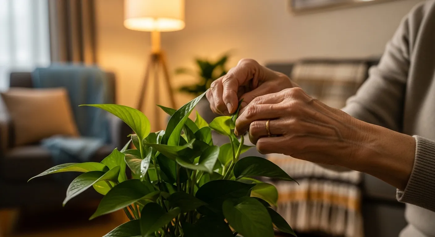 A close-up of a senior's hands carefully pruning the leaves of a healthy houseplant in a warmly lit room during the evening.