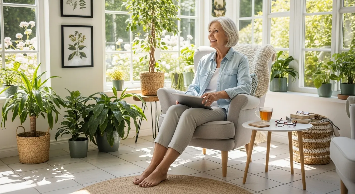 A senior woman sits in a sunlit living room, smiling as she looks up from her tablet, researching health information online.