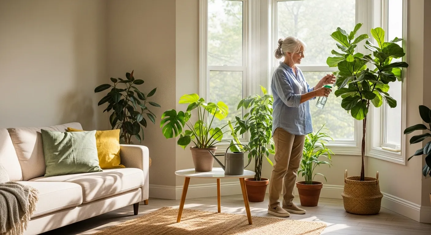 A senior woman smiling in a sunlit living room while watering her houseplants, conveying a sense of peaceful, independent living.