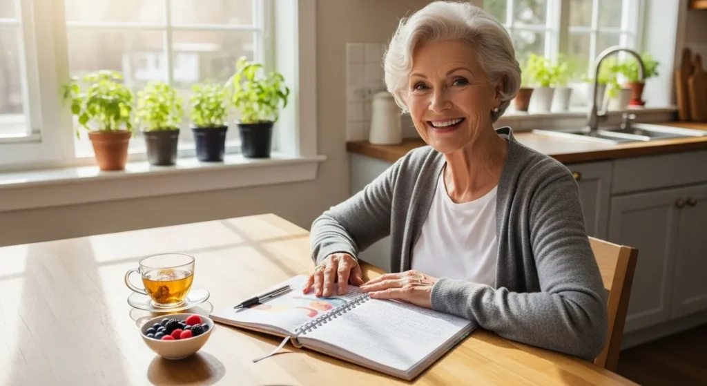 A smiling senior woman sits at a bright kitchen table with a journal, looking happy and well in the morning light.