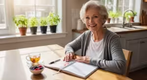 A smiling senior woman sits at a bright kitchen table with a journal, looking happy and well in the morning light.
