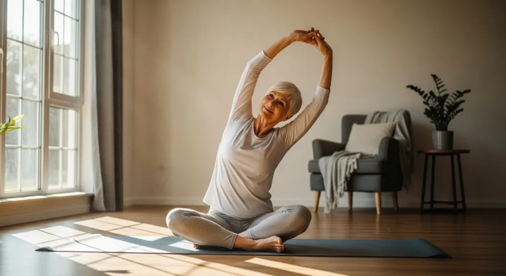 A senior woman in comfortable clothes smiles as she does a standing side-stretch on a yoga mat in her bright, sunlit living room.